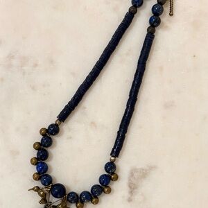 Lapis Lazuli Beaded Necklace Choker with Bronze Tree of Life and Bird Pendants